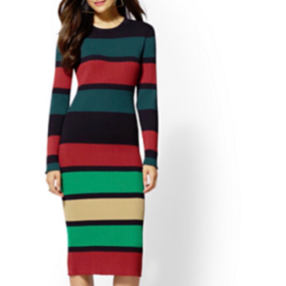 New York & Company Multicolor Striped Long Sleeve Dress